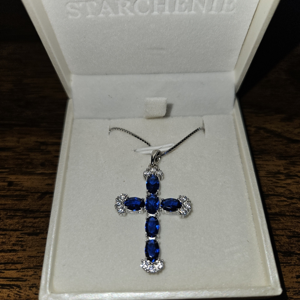Blue and Silver Cross Pendant Necklace